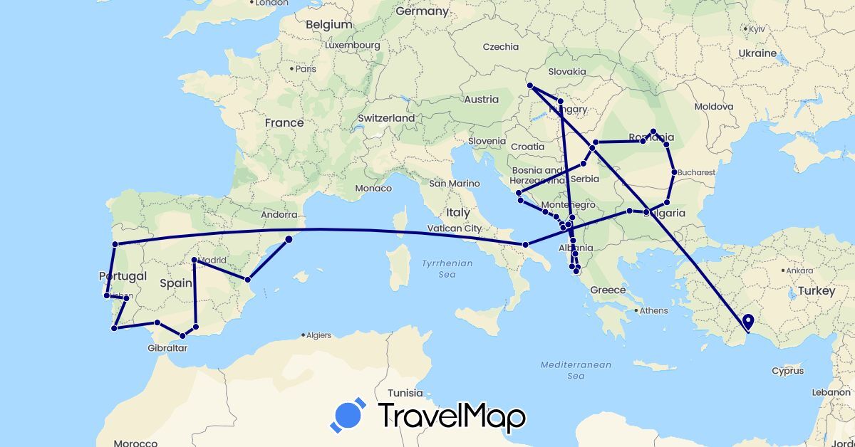 TravelMap itinerary: driving in Albania, Bulgaria, Spain, Croatia, Hungary, Italy, Montenegro, Portugal, Romania, Serbia, Slovakia, Turkey (Asia, Europe)